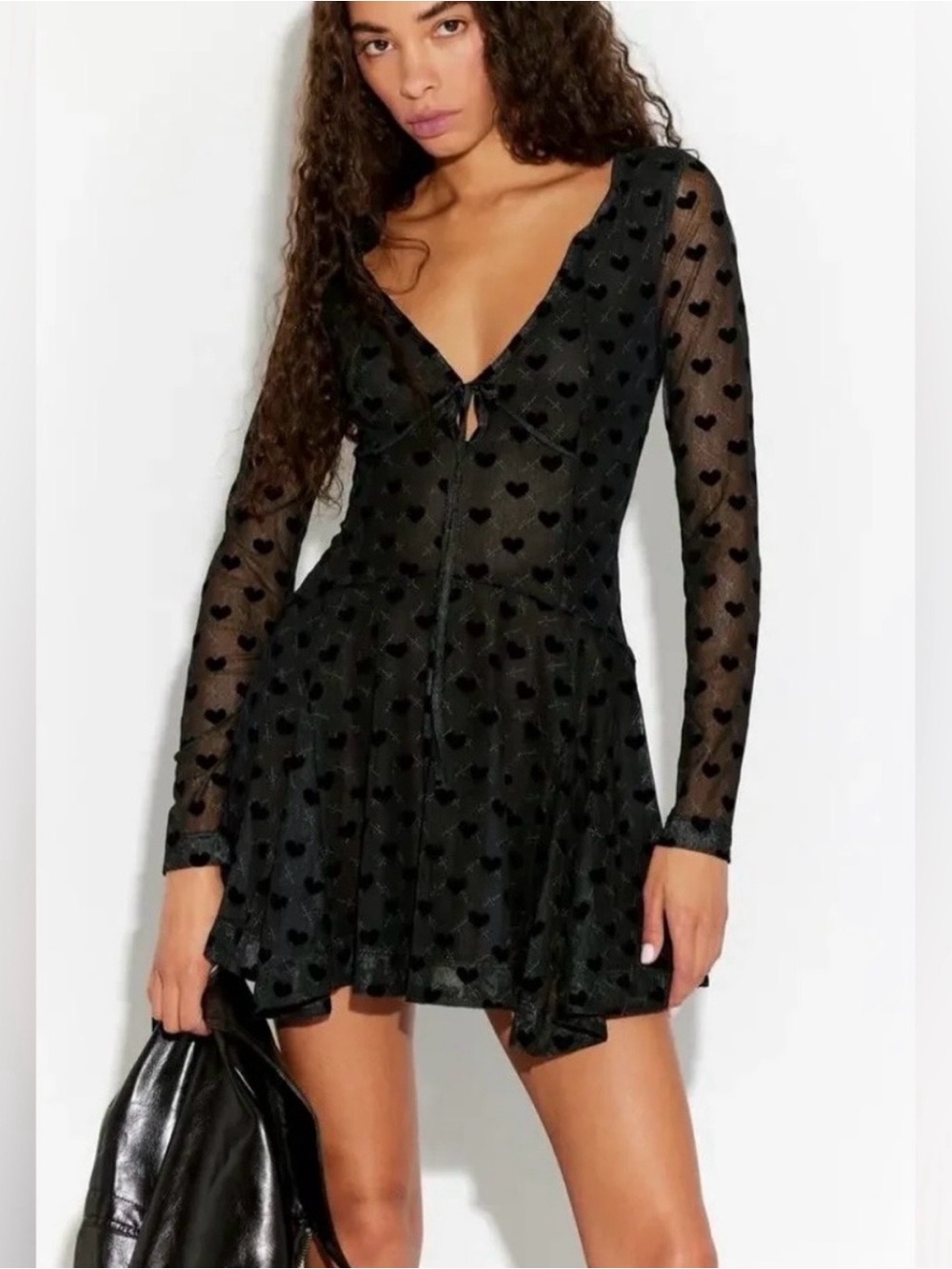 Free People Black Heart-Print Long Sleeve Mini Dress